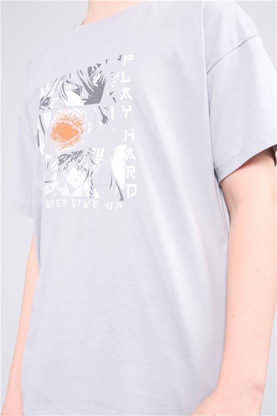 Chester Polo 32494 Erkek Çocuk Penye Baskılı Bisiklet Yaka T-shirt 4-12 Yaş Koyu Gri