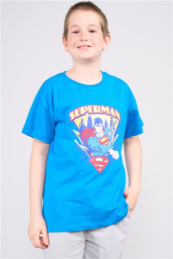Chester Polo 32575 Erkek Çocuk Bisiklet Yaka Penye Süperman T-shirt 4-12 Yaş Koyu Turkuaz