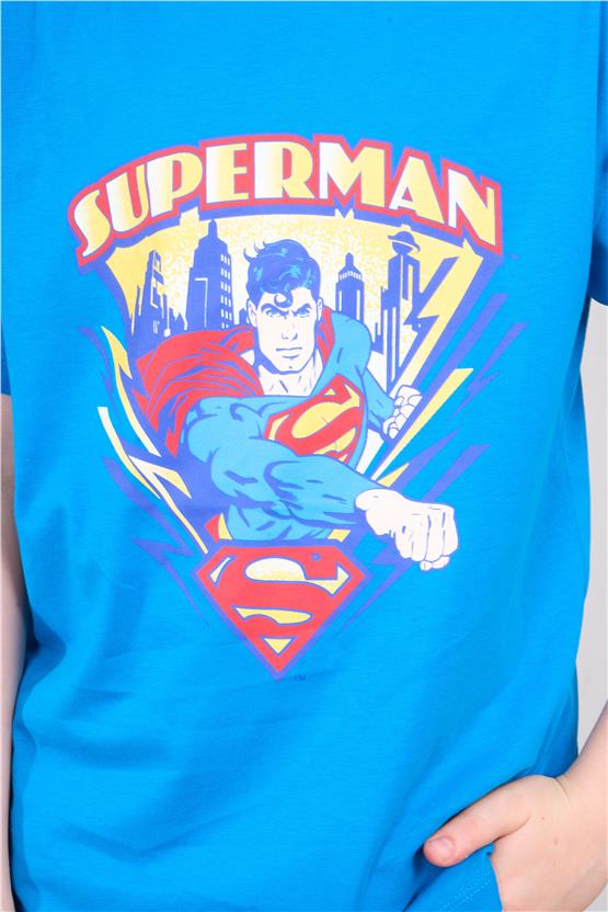 Chester Polo 32575 Erkek Çocuk Bisiklet Yaka Penye Süperman T-shirt 4-12 Yaş Koyu Turkuaz