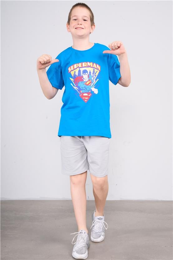 Chester Polo 32575 Erkek Çocuk Bisiklet Yaka Penye Süperman T-shirt 4-12 Yaş Koyu Turkuaz