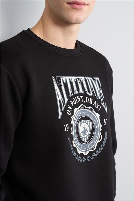 Chester Polo 3572 Bisiklet Yaka 3 İplik Şardonlu Baskılı Siyah Sweatshirt