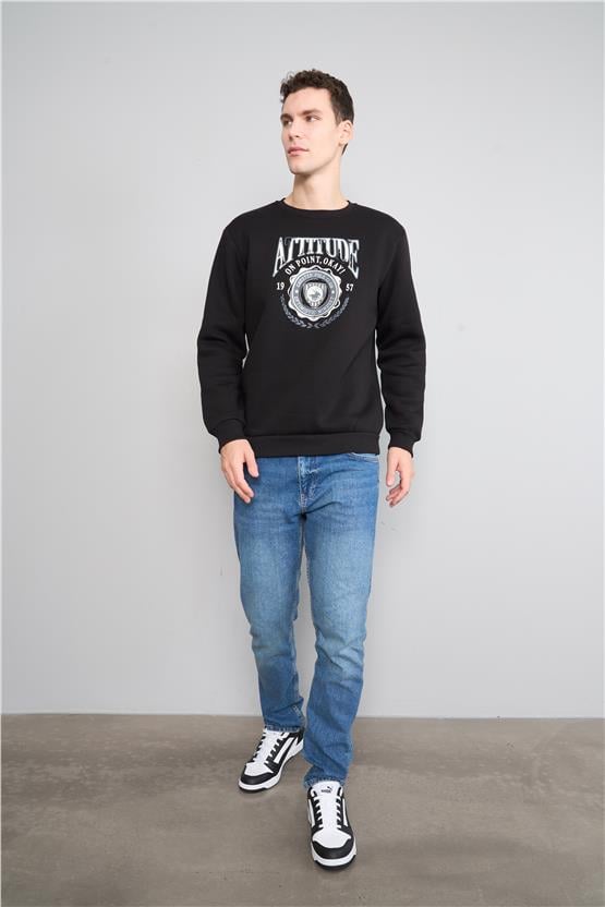 Chester Polo 3572 Bisiklet Yaka 3 İplik Şardonlu Baskılı Siyah Sweatshirt