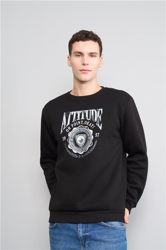 Chester Polo 3572 Bisiklet Yaka 3 İplik Şardonlu Baskılı Siyah Sweatshirt