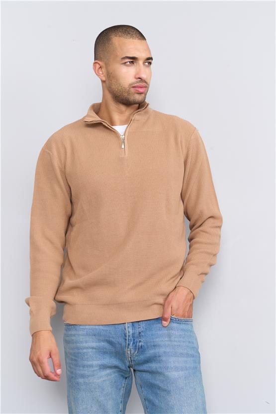 Chester Polo 5085 ErkekFermuarlı Yarım Balıkçı Triko Kazak Camel