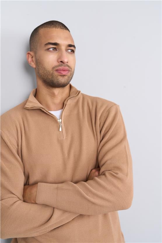 Chester Polo 5085 ErkekFermuarlı Yarım Balıkçı Triko Kazak Camel