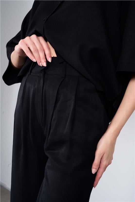 Chester Polo 7519 Bayan Bol Paça Pileli Tencel Pantolon Siyah