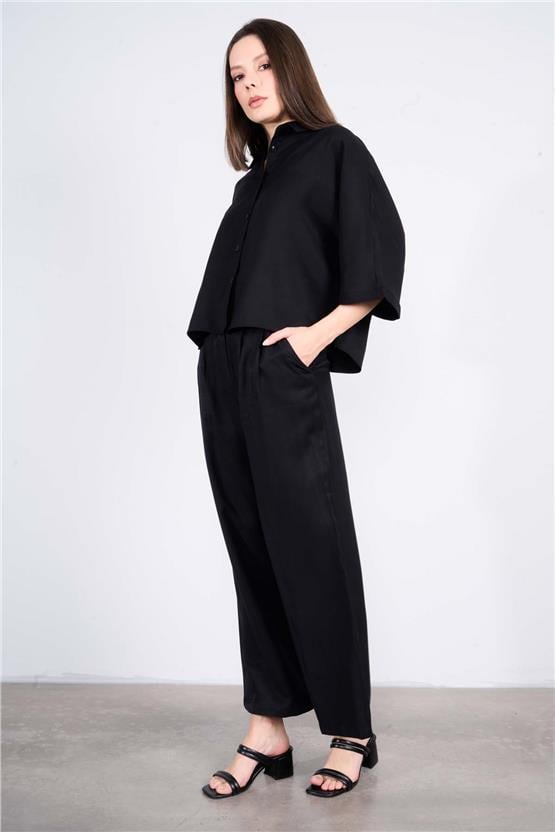 Chester Polo 7519 Bayan Bol Paça Pileli Tencel Pantolon Siyah