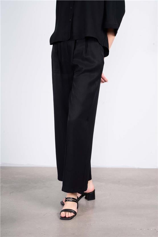 Chester Polo 7519 Bayan Bol Paça Pileli Tencel Pantolon Siyah