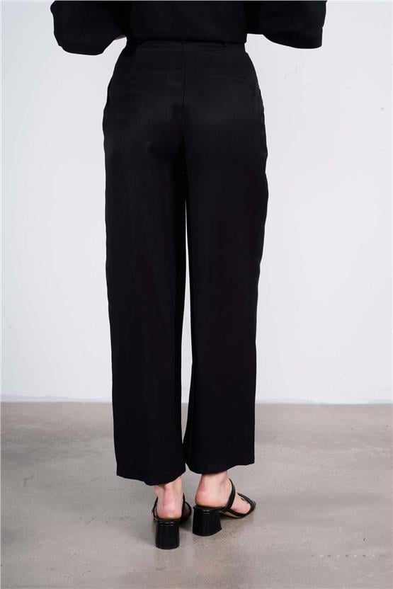 Chester Polo 7519 Bayan Bol Paça Pileli Tencel Pantolon Siyah