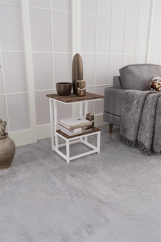 Deconode Authentic 2 Katlı Yan Sehpa Beyaz-Kahverengi DN1040BK