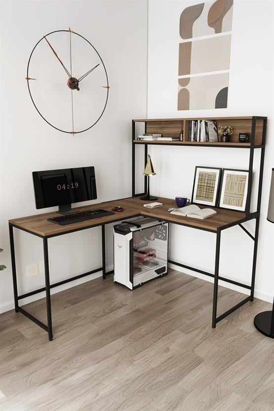 Deconode Cornermaster Raflı L Köşe Çalışma Masası Siyah-Kahverengi DN1151SK