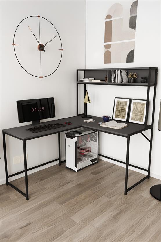 Deconode Cornermaster Raflı L Köşe Çalışma Masası Siyah-Antrasit DN1151SA