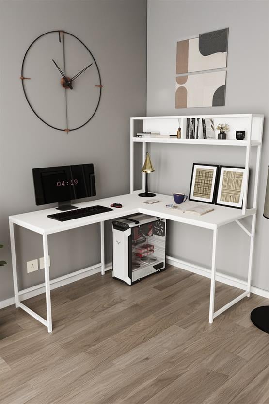 Deconode Cornermaster Raflı L Köşe Çalışma Masası Beyaz-Beyaz DN1151BB
