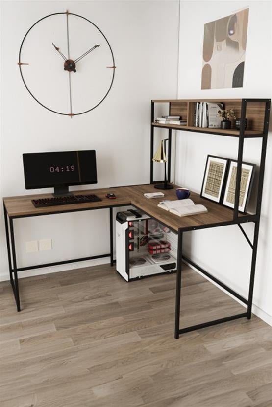 Deconode Cornermaster Raflı L Köşe Çalışma Masası Siyah-Kahverengi DN1151SK