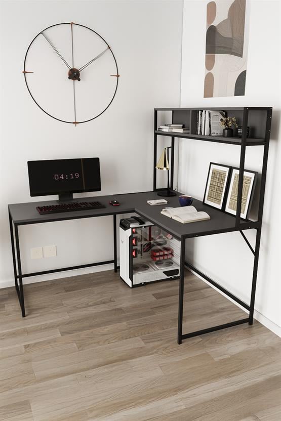 Deconode Cornermaster Raflı L Köşe Çalışma Masası Siyah-Antrasit DN1151SA