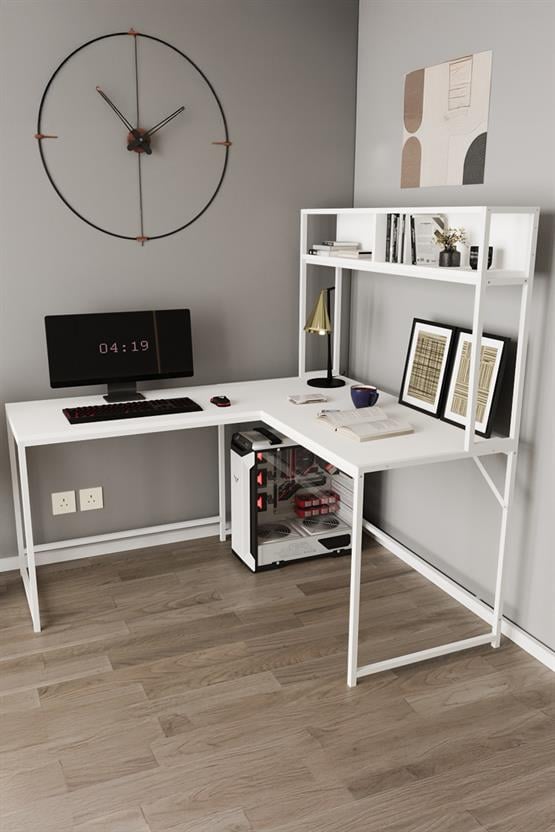 Deconode Cornermaster Raflı L Köşe Çalışma Masası Beyaz-Beyaz DN1151BB