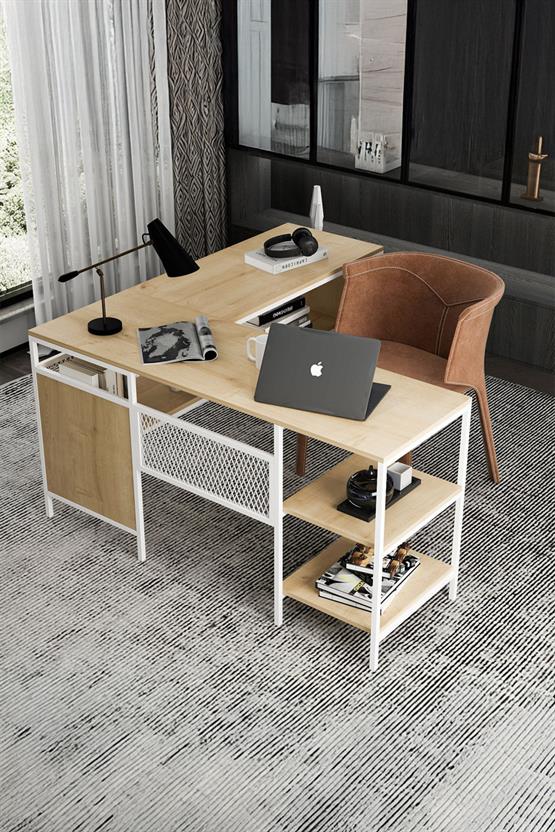 Deconode Deluxe Köşe Çalışma Masası  Beyaz-Çam DN1122BÇ
