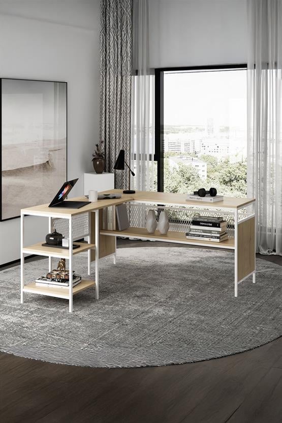 Deconode Deluxe Köşe Çalışma Masası  Beyaz-Çam DN1122BÇ