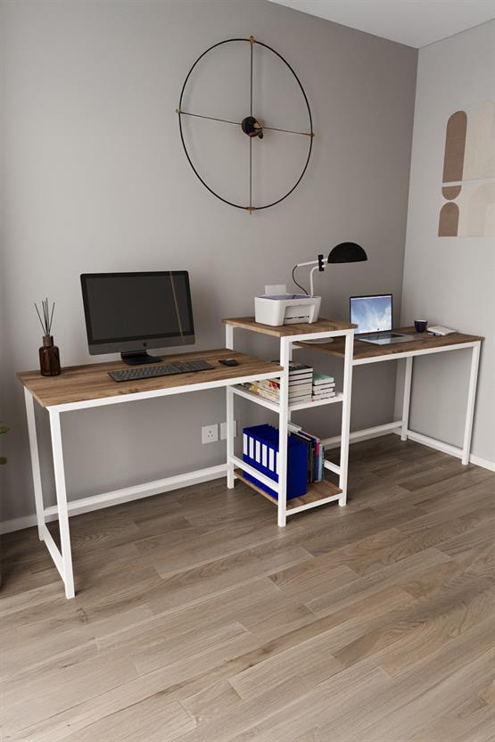 Deconode Duodesk 2 Kişilik Çalışma Masası Beyaz-Kahverengi DN1144BK