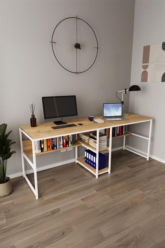 Deconode Fusion Çift Kişilik Raflı Çalışma Masası Beyaz-Çam DN1148BÇ