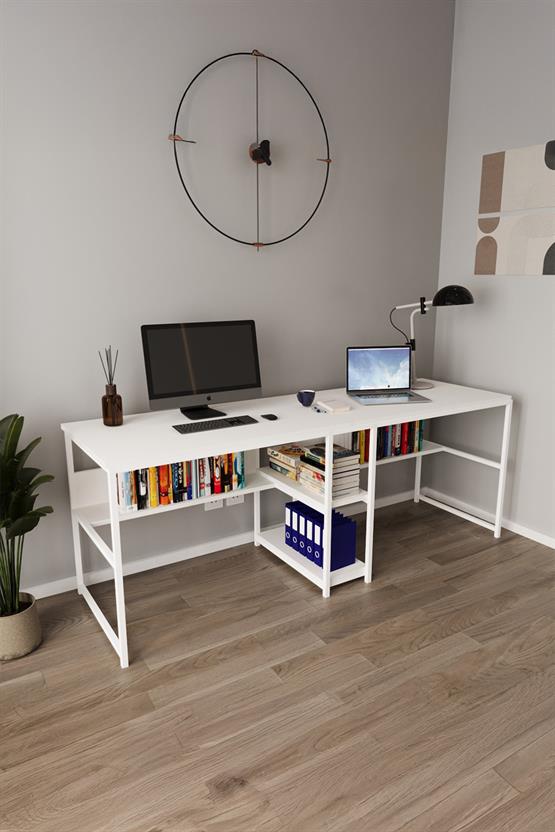 Deconode Fusion Çift Kişilik Raflı Çalışma Masası Beyaz- Beyaz DN1148BB