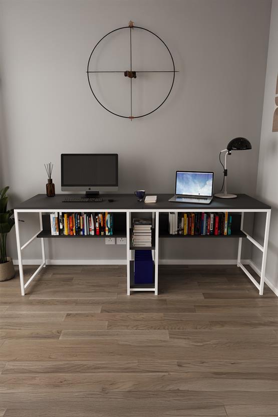 Deconode Fusion Çift Kişilik Raflı Çalışma Masası Beyaz-Antrasit DN1148BA