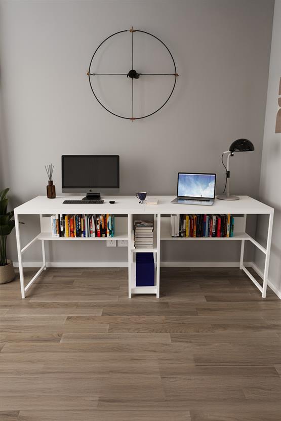 Deconode Fusion Çift Kişilik Raflı Çalışma Masası Beyaz- Beyaz DN1148BB
