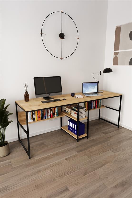 Deconode Fusion Çift Kişilik Raflı Çalışma Masası Siyah-Çam DN1148SÇ