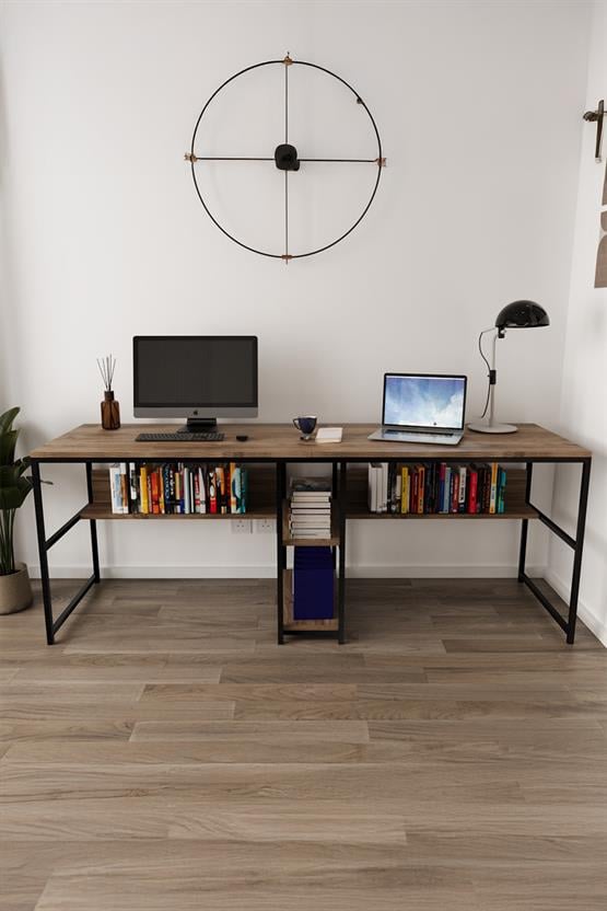 Deconode Fusion Çift Kişilik Raflı Çalışma Masası Siyah-Kahverengi DN1148SK