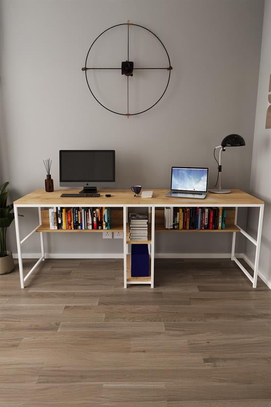 Deconode Fusion Çift Kişilik Raflı Çalışma Masası Beyaz-Çam DN1148BÇ