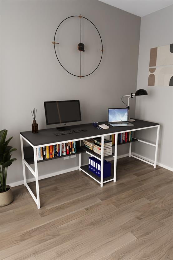 Deconode Fusion Çift Kişilik Raflı Çalışma Masası Beyaz-Antrasit DN1148BA