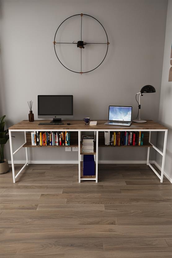 Deconode Fusion Çift Kişilik Raflı Çalışma Masası Beyaz-Kahverengi DN1148BK