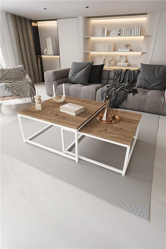 Deconode Prestige 2li Orta Sehpa Seti Beyaz-Kahverengi DN1116BK