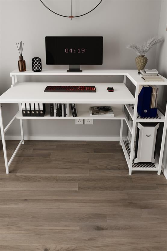 Deconode Proline Monitör Raflı Bilgisayar Masası Beyaz-Beyaz DN1150BB