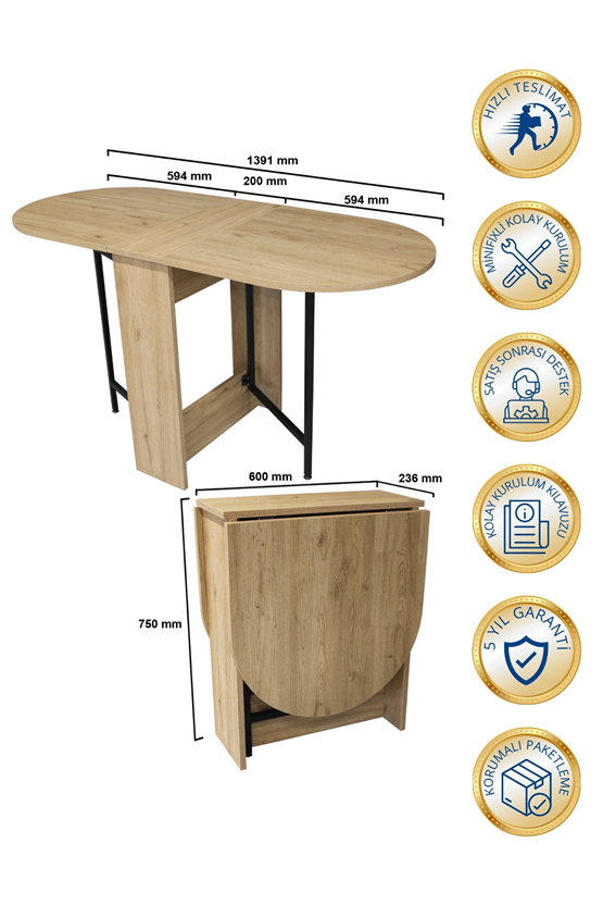 Dorpek Bianda Pratik Katlanır - Açılır Kapanır Mutfak Masası 4- 6 Kişilik Yemek Masası Sepet