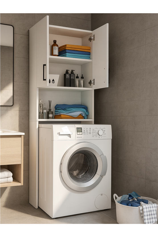 Dorpek Brillon Çamaşır Makinesi Dolabı – Banyo Dolabı & Çamaşır Odası Uyumlu Dolap, Çok Amaçlı Dolap Beyaz