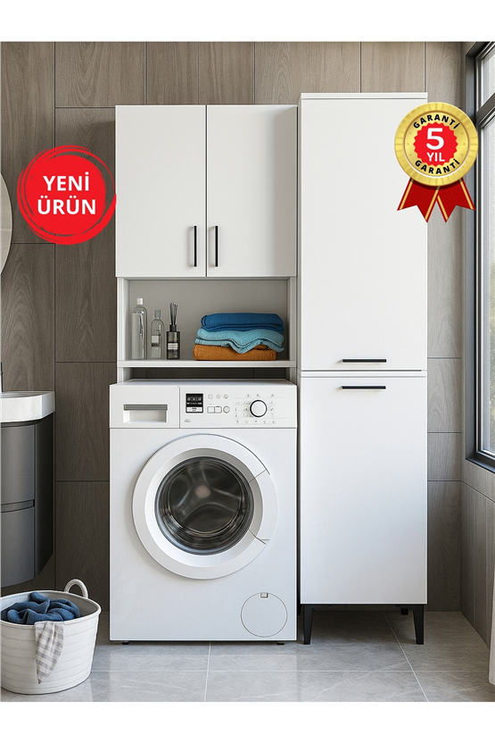 Dorpek Brillon Çamaşır Makinesi Dolabı & Singa Kirli Sepetli Çok Amaçlı Dolap Beyaz