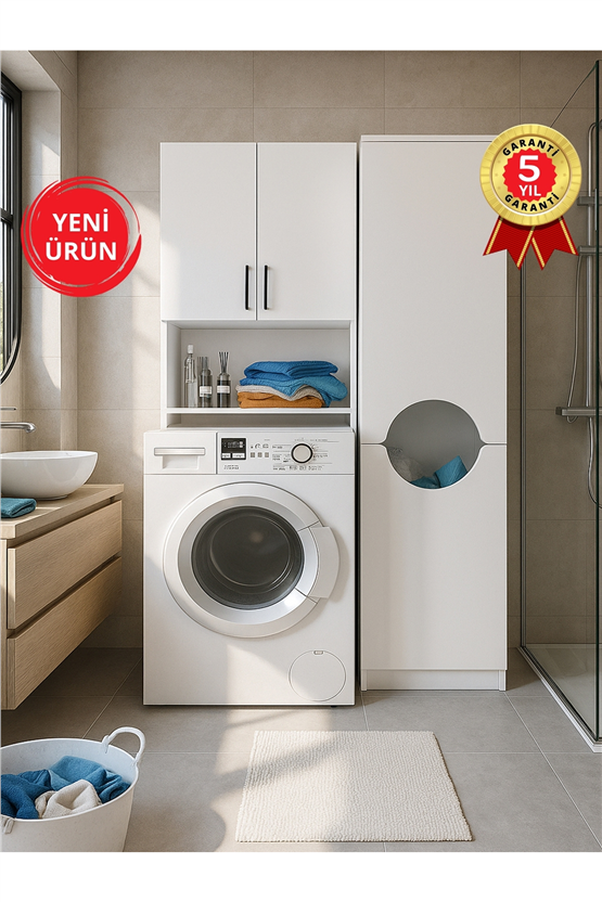 Dorpek Brillon Çamaşır Makinesi Dolabı & Verga Kirli Sepetli Çok Amaçlı Dolap Beyaz