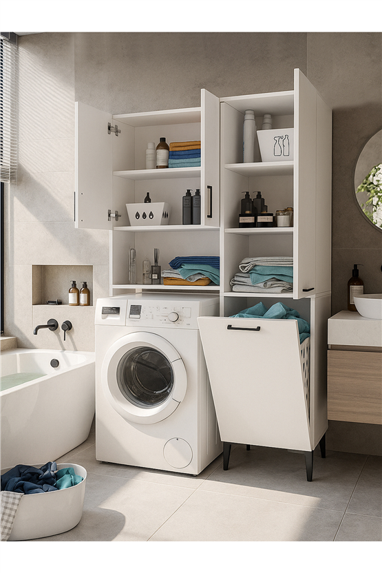 Dorpek Brillon Çamaşır Makinesi Dolabı & Singa Kirli Sepetli Çok Amaçlı Dolap Beyaz