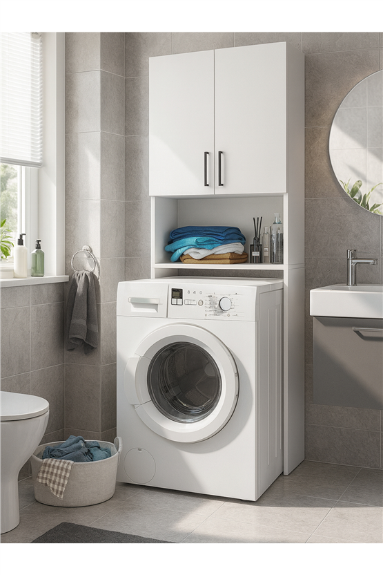 Dorpek Brillon Çamaşır Makinesi Dolabı – Banyo Dolabı & Çamaşır Odası Uyumlu Dolap, Çok Amaçlı Dolap Beyaz