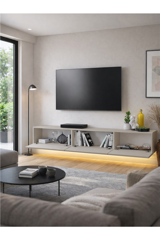 Dorpek Cercei Led Li Işıklı Tv Ünitesi 180 Cm - Kumtaşı Renk, Modern, Geniş, Raflı Tasarım - Tv Sehpası
