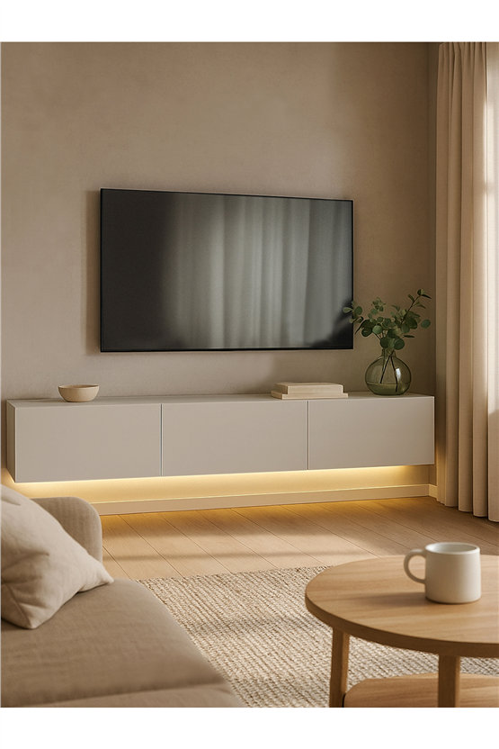 Dorpek Cercei Led Li Işıklı Tv Ünitesi 180 Cm - Kumtaşı Renk, Modern, Geniş, Raflı Tasarım - Tv Sehpası