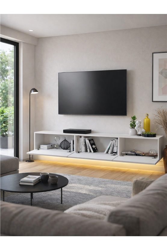 Dorpek Cercei Led Li Işıklı Tv Ünitesi 180 Cm -beyaz, Modern, Şık, Geniş, Fonksiyonel Tasarım - Tv Sehpası