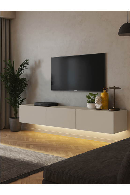 Dorpek Cercei Led Li Işıklı Tv Ünitesi 180 Cm - Kumtaşı Renk, Modern, Geniş, Raflı Tasarım - Tv Sehpası