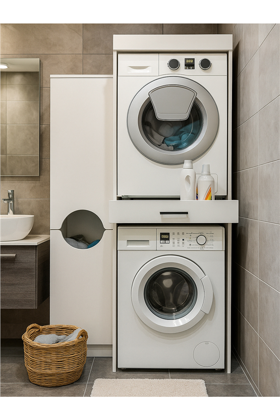 Dorpek Fika Çamaşır ve Kurutma Makinesi Dolabı & Verga Kirli Sepetli Çok Amaçlı Dolap Beyaz
