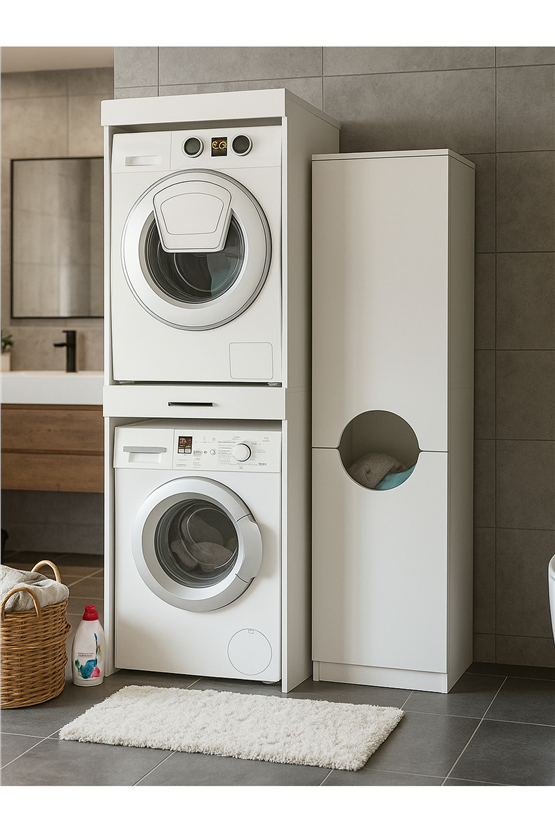Dorpek Fika Çamaşır ve Kurutma Makinesi Dolabı & Verga Kirli Sepetli Çok Amaçlı Dolap Beyaz