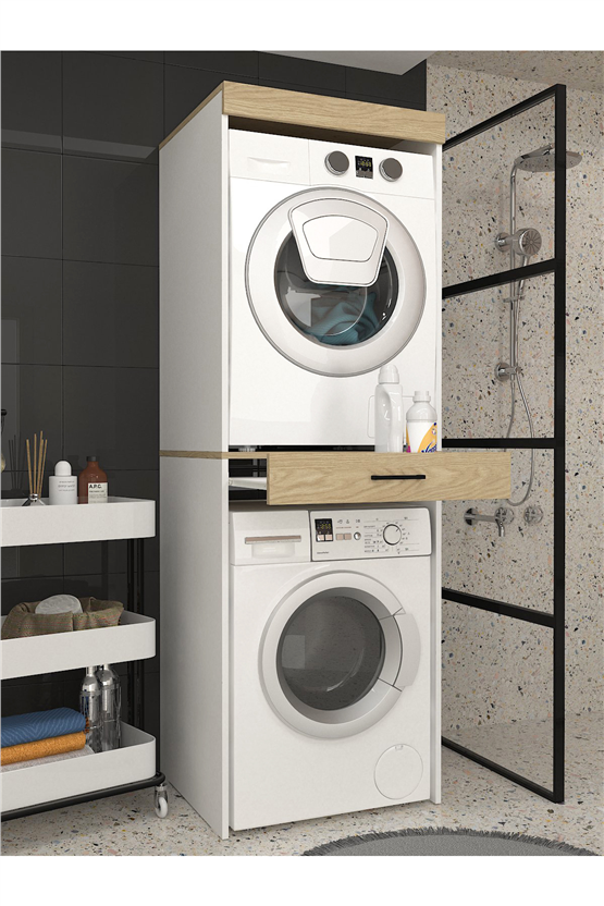 Dorpek Fika Çamaşır ve Kurutma Makinesi Dolabı Çok Amaçlı Dolap Banyo Dolabı Beyaz-Rota