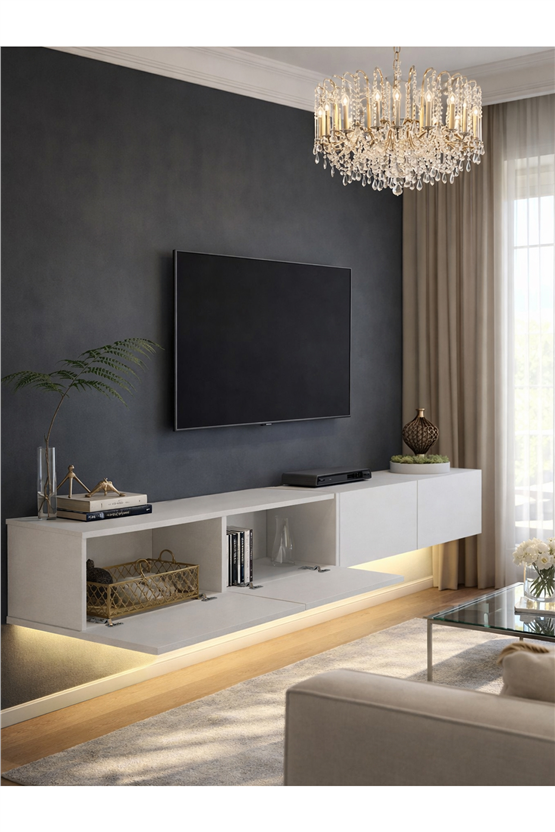 Dorpek Homeros LEDli Tv Sehpa & Ünitesi, Duvara Monte Tv Ünitesi Beyaz 240 cm