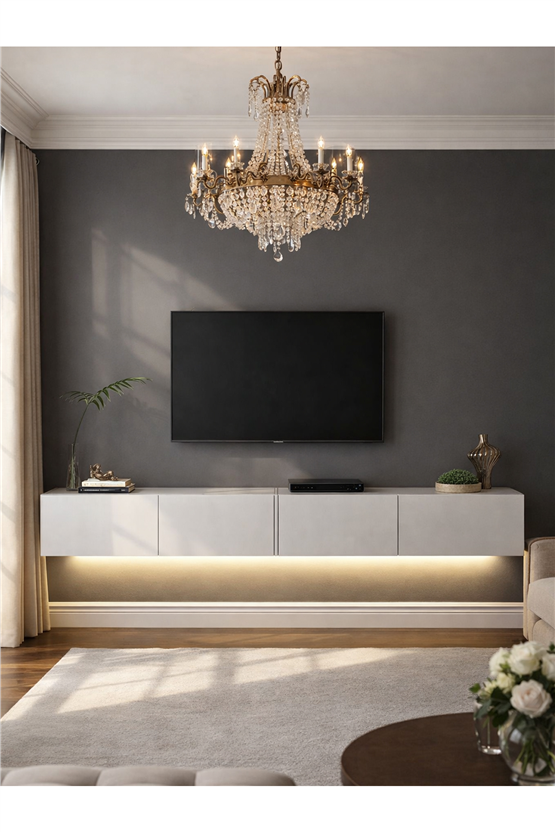 Dorpek Homeros LEDli Tv Sehpa & Ünitesi, Duvara Monte Tv Ünitesi Beyaz 240 cm