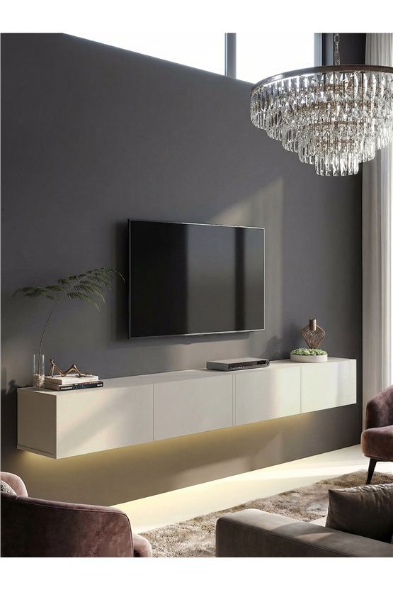 Dorpek Homeros LEDli Tv Sehpa & Ünitesi, Duvara Monte Tv Ünitesi Kumtaşı 240 cm